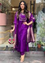 Chanderi Purple Traditional Wear Embroidery Work Readymade 3 Pcs Kurti Set